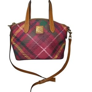 Dooney Bourke Tartan Plaid Satchel Crossbody Bag Red Green Yellow Leather Trim